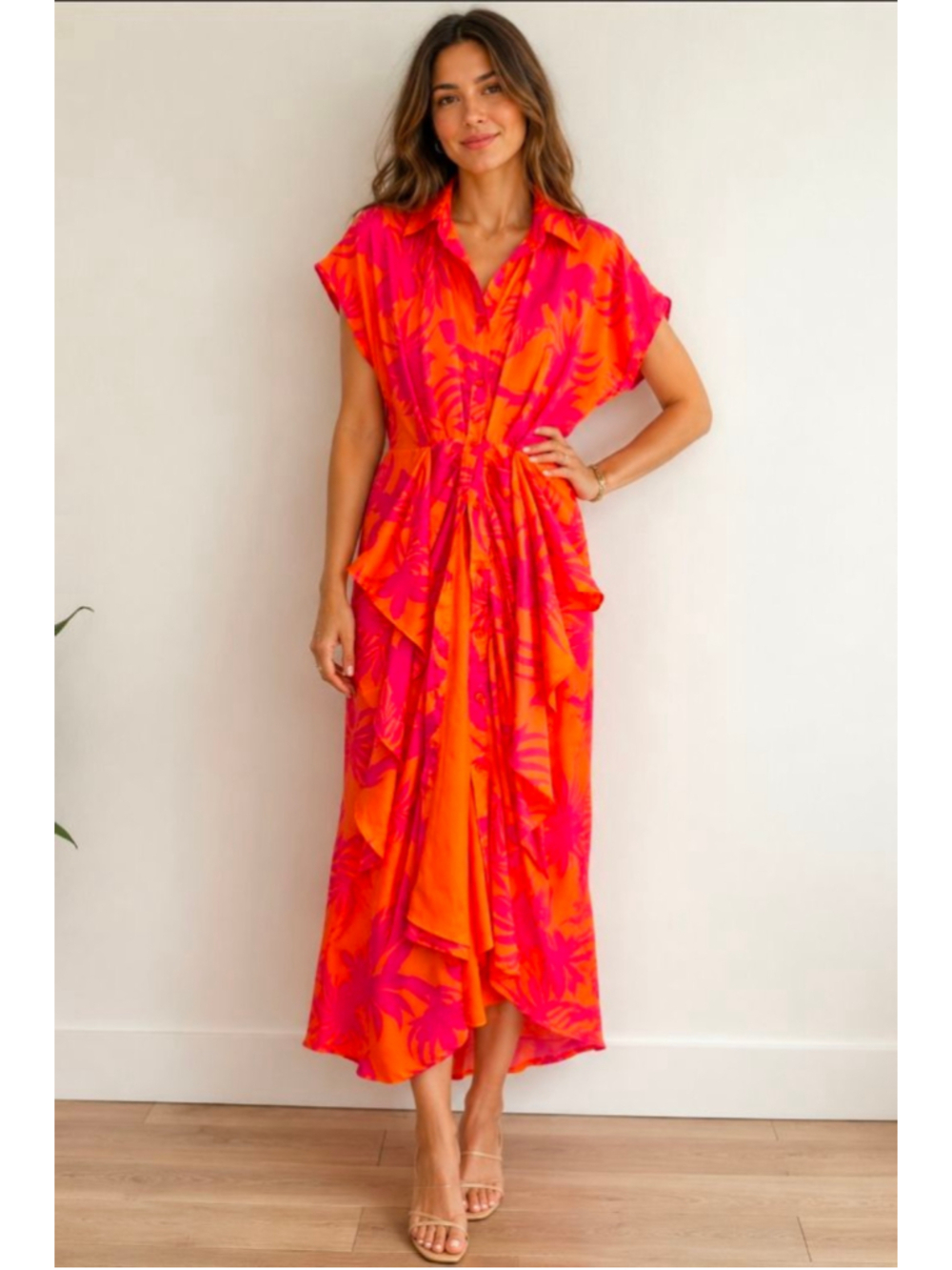 DO+BE Tropical Print Draped Midi Dress XS Pink Orange Resort Vacation Dress